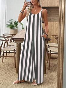 EMERY ROSE 休闲简约风条纹阔腿连体裤，适合春夏度假穿着 - 彩色 - 查看 4