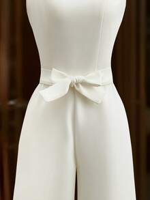 Franclia Minimalist French Style White Round Neck Pearl Embellished Sleeveless Waist Cinched Wide Leg Jumpsuit For Women - White - View 5