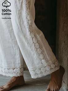 Zayélia 女士纯棉刺绣口袋休闲裤 - 白色 - 查看 3