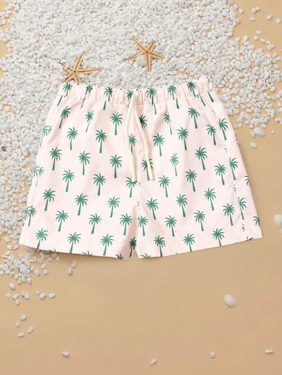 SUMWON 男童棕榈树印花泳裤，沙滩夏季度假泳装，热带风情抽绳腰带休闲泳池沙滩装