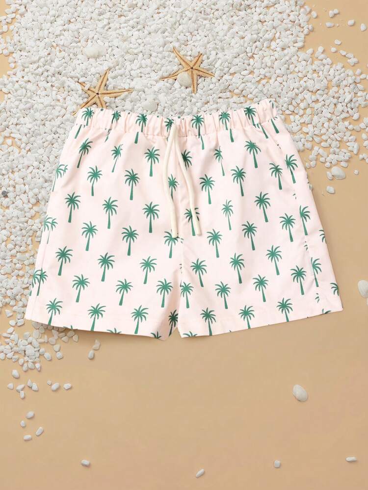 Palm Tree Print Swim Shorts With Drawstring