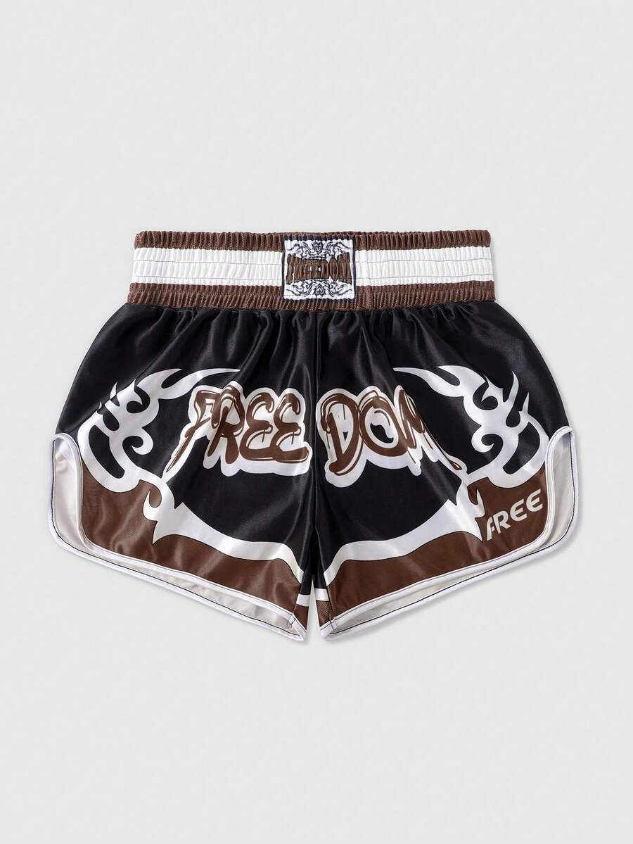 ROMWE MEN Street Life Pantalones cortos deportivos de boxeo y baloncesto con estampado de color contrastante para hombres, de verano - Negro - Ver 1