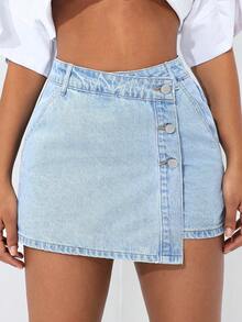 SHEIN ICON Plus Size Women's Light Blue Denim Skirt Pants, Fashionable And Sexy, Spring Outfits - Light Wash - View 7