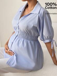 MaterniWear Maternity Wear, Maternity Tops, Elegant Commuting/Office Attire, Summer Blue Button-Down Collar Maternity Blouse, Fitted Waist And Neckline, Suitable For Spring And Summer Wear, Women's Maternity Blouse, Pure Cotton Maternity Top, Maternity Shirt. Light Blue Maternity Top, Women's Maternity Blouse, Maternity-Friendly Top, Comfortable Maternity Shirt. - Blue - View 1
