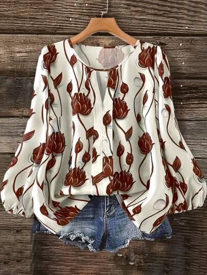EMERY ROSE Plus Size Women's Casual Floral Print Round Neck Long Sleeve Blouse Shirt, Blue & White Floral Shirt, Autumn Wear, Country Music Festival Shirt, Women's Autumn Shirt, Outdoor Apparel, New Arrival 2025 Floral Blouse Women Vintage Tops Women Lantern Sleeve Blouse Women Blouses Long Sleeve Fall Tops Women