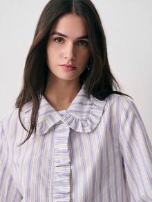 Nöista Regular Fit Blouse In Purple And White Stripes, Ruffles On Neck And Placket And Elastic Band On Cuffs. Casual Blouses For Women, Spring, Summer. - Purple - View 5