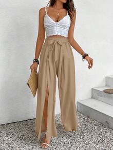 SHEIN Frenchy 女士纯色休闲度假开衩系带宽松裤 - 卡其色 - 查看 6