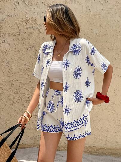 SHEIN Frenchy Women's Floral Embroidery Short Sleeve Button-Up Shirt And Shorts Casual 2-Piece Set