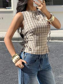 Siren Gaze 女款優雅格紋側綁帶修身背心，夏季休閒時尚日常穿搭，無袖圓領格子度假風 - 卡其色 - 查看 1