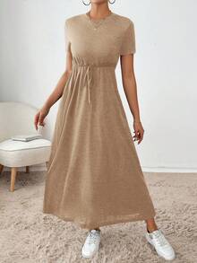 SHEIN Essnce 女士休闲日常通勤简约纯色短袖抽绳腰侧口袋连衣裙，夏季 - 卡其色 - 查看 5