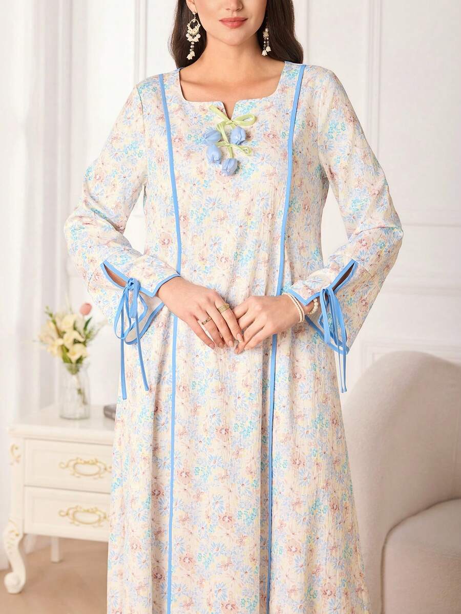 Yasmyna 女士宽松碎花长袖连衣裙,甜美百搭 - 藍色 - 查看 1