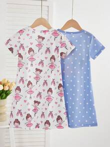 2件套女童可爱卡通绵羊印花睡衣套装，简约时尚粉色和灰色，睡衣 - 彩色 - 查看 2