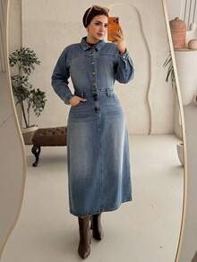 Dazy Plus 大码女士复古休闲翻领半开襟长款直筒牛仔连衣裙，春秋季 - 中等水洗藍 - 查看 6
