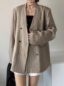 FRIFUL Women's Striped V-Neck Double-Breasted Metal Button Loose Casual Versatile Spring Blazer - Khaki - View 5