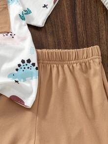 SHEIN Vintaside Kids Bộ đồ 2 món cho bé trai/bé gái: áo thun gân phối màu tương phản và quần dài màu xanh dương, trang phục thường ngày thoải mái, đa năng, phù hợp cho các dịp hè. - Màu Khaki - Xem 6