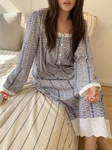 Dazy Plus Plus Size Women Ditsy Floral Square Neck Long Sleeve Button Design Loose Nightgown Pajamas - Dusty Blue - View 8