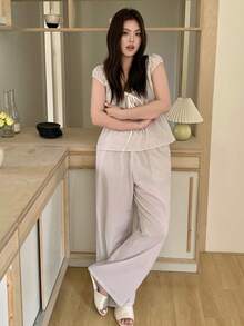 Dazy Plus Plus Size Women Striped Front Tie Top And Pants Pajama Set - Khaki - View 7