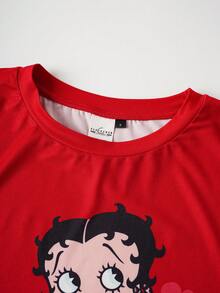 Betty Boop x SHEIN 女士舒适卡通肖像图案圆领短袖T恤和豹纹短裤睡衣套装，夏季 - 紅色 - 查看 4
