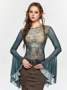 ROMWE Fairycore 仙女、圣母玛利亚、莲花和十字架印花修身喇叭袖薄纱女式上衣 - 彩色 - 查看 6