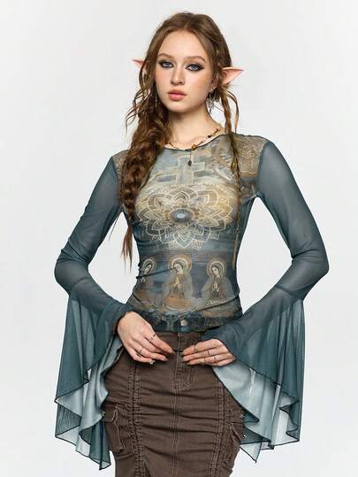 ROMWE Fairycore Fairy, Virgin Mary, Lotus Flower & Cross Print Fitted Flare Sleeve Sheer Women Top