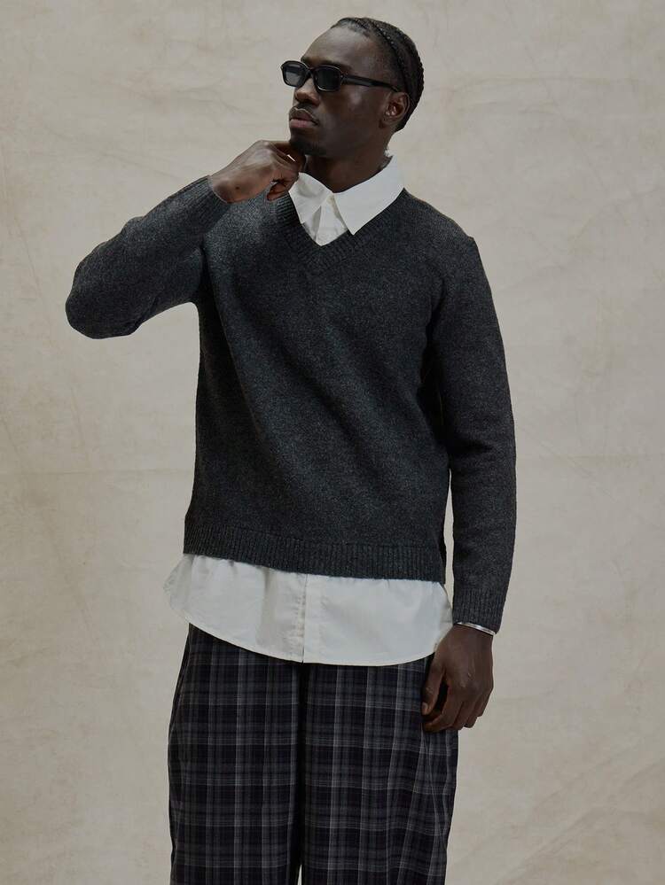 Musero Long Sleeve V Neck Knitted Jumper Layered Built In Style Shirt Winter Essentials - Dark Grey - View 5