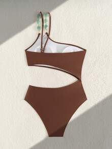Swim Chiccia Swim Chic Sea-D Women Solid Color One Shoulder Chain Strap Decor One-Piece Swimsuit - Coffee Brown - View 5