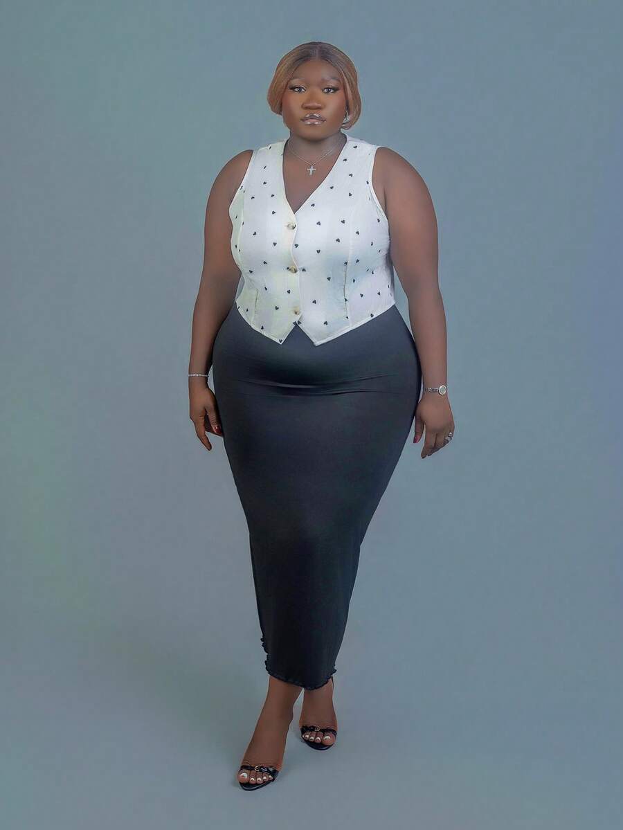 CurvyTilda 法式女式无袖休闲衬衫，简约时尚日常穿着，春夏季，心形图案印花，情人节，浪漫优雅，无袖上衣 - 杏色 - 查看 1