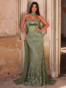 Glamrae 优雅奢华的绿色3D立体花朵串珠弹力针织美人鱼裙，性感无肩带设计，适合婚礼、派对、度假、盛大晚宴等场合（装饰繁复） - 橄欖綠 - 查看 5