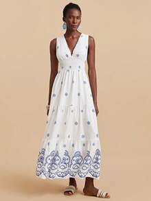 Travachic 女士碎花收腰连衣裙，波西米亚风，西式风格，夏季度假，适合假日、约会、下午茶、音乐节等场合，波西米亚风夏季连衣裙，女士海滩度假装扮，夏季服装，优雅女士连衣裙 - 藍白色 - 查看 7