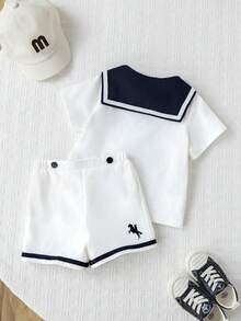 SHEIN 3pcs/Set Unisex Baby Boy Sailor Style Outfit,White Summer Knit Top,Shorts & Navy Blue Cape Set,Elegant Page Boy Clothes For Wedding Christening Gift - White - View 6