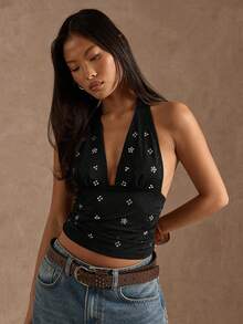 SHEIN BAE Áo tank top nữ thời trang thường ngày, cổ yếm, hở lưng, đính đinh tán. - màu đen - Xem 6