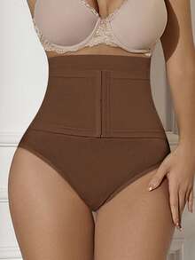 1pc Seamless High Waist Abdomen Control Waist Lifting Shaping Briefs With Front Opening Hook - Coffee Brown - View 7
