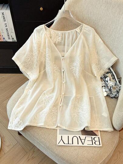 GlowEve CURVE Plus Size Women Embroidered Floral Blouse, Elegant Casual Everyday Wear