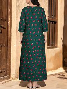 Al Najma Women's Floral & Plant Digital Print Ruched Waist Midi Dress With Flared Hem, Round Neck, Long Sleeve, Spring - Multicolor - View 2