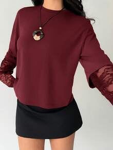 Aloruh Women's Solid Color Minimalist Everyday Lace Splice Sleeve T-Shirt - Burgundy - View 6