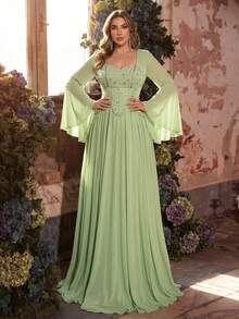 Glamrae 大码优雅奢华祖母绿喇叭袖手工镶钻可拆卸领带弹力针织雪纺长裙，适合婚礼、活动、单身派对、度假、晚宴、正式场合。 - 綠色 - 查看 5