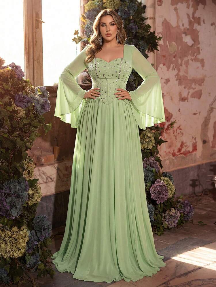 Glamrae 大码优雅奢华祖母绿喇叭袖手工镶钻可拆卸领带弹力针织雪纺长裙，适合婚礼、活动、单身派对、度假、晚宴、正式场合。 - 綠色 - 查看 4