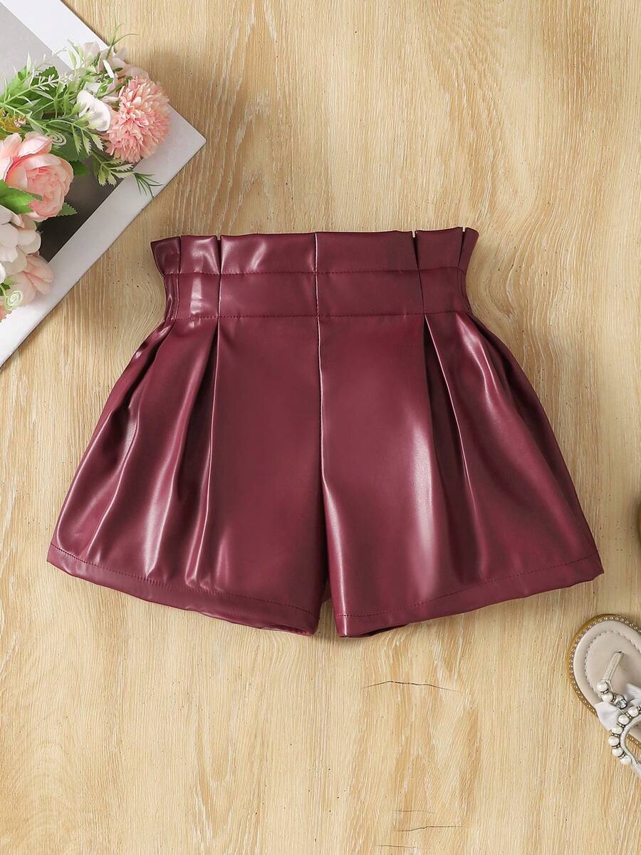 SHEIN شورت فضفاض مطوي من جلد PU ذو لون أحادي للفتيات الصغيرات - عنابي اللون - مشاهدة 1