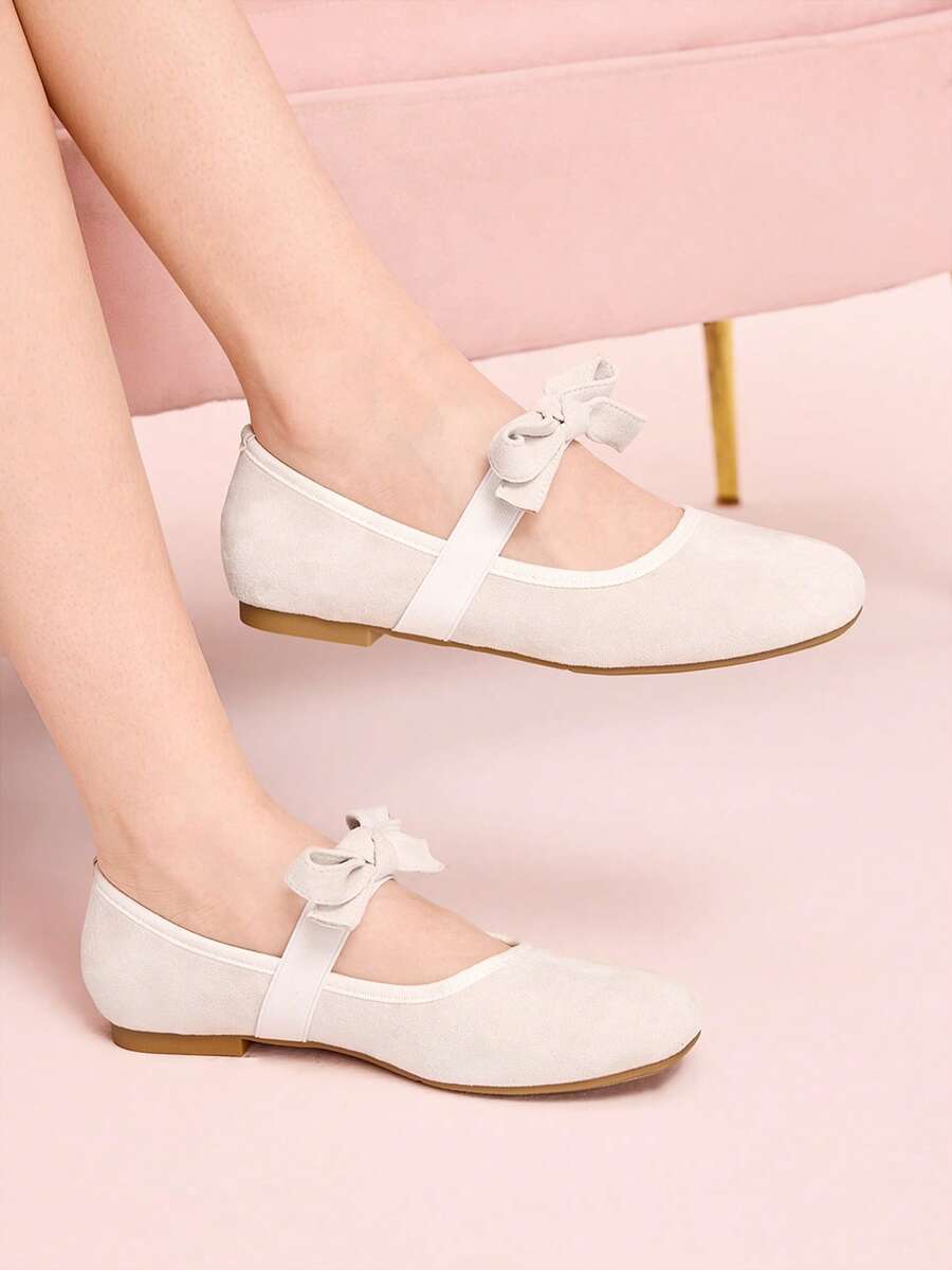 CUCCOO DOLLMOD Women's Apricot Suede Bow Mary Jane Shoes, Sweet And Gentle Elegant, Versatile For Commuting And Daily Wear Valentine's Day - Apricot - View 1