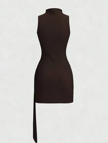 Olithes 女士极简立领系带修身金属扣装饰棕色无袖连衣裙 - 棕色 - 查看 2