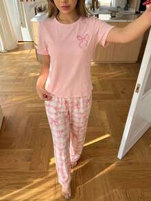 Elladie kids Bộ 2 món/Bộ đồ ngủ in họa tiết nơ và quần short kẻ sọc cho bé gái tuổi teen, vải dệt kim mềm mại, thoải mái, phong cách ngọt ngào và thanh lịch - Hồng - Xem 7