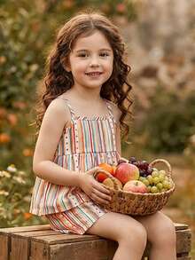 SHEIN Vintaside Kids Bộ áo hai dây và quần short kẻ caro xanh dương in hình quả anh đào dành cho bé gái, trang phục mùa hè tươi mát và thoải mái. - Nhiều màu - Xem 7