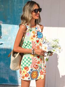 Vivid Eden Bộ đồ 2 mảnh gồm áo không tay và quần short buộc dây bên hông dành cho nữ, họa tiết in nghệ thuật, trang phục đi biển thường ngày. - Nhiều màu - Xem 5