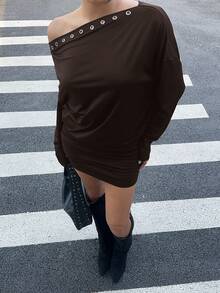 Siren Gaze 女士纯色斜肩镂空设计长袖时尚迷你连衣裙 - 咖啡棕 - 查看 7