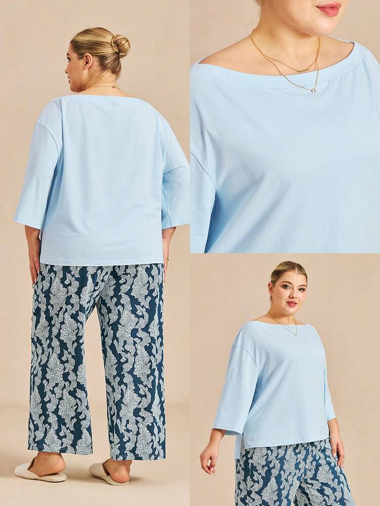 Women Plus T-Shirt & Patterned Pants Pajama Set