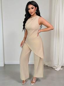 Vavine Women's Solid Color Asymmetric Hem Top And Wide Leg Pants Casual 2 Pieces Set, Spring/Summer - Khaki - View 3