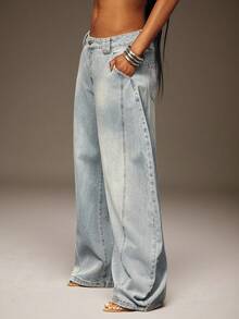 Denimoi Women's Casual Washed Low-Waist Flared Leg Jeans - Blue - View 3