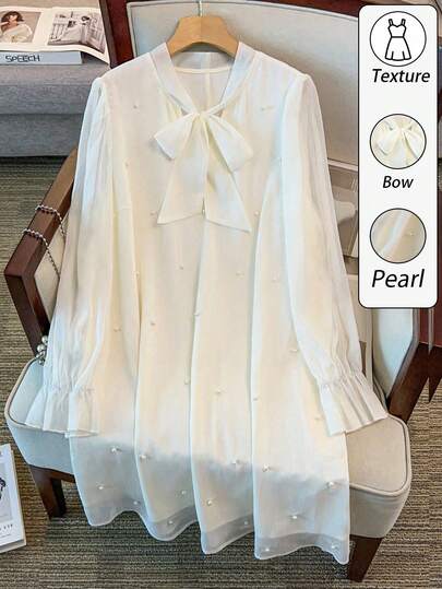 GlowEve CURVE 大码女式流行优雅蝴蝶结领长袖衬衫裙，荷叶边袖口设计，仿珍珠装饰，适合日常、派对、晚宴穿着，秋冬季佳选。