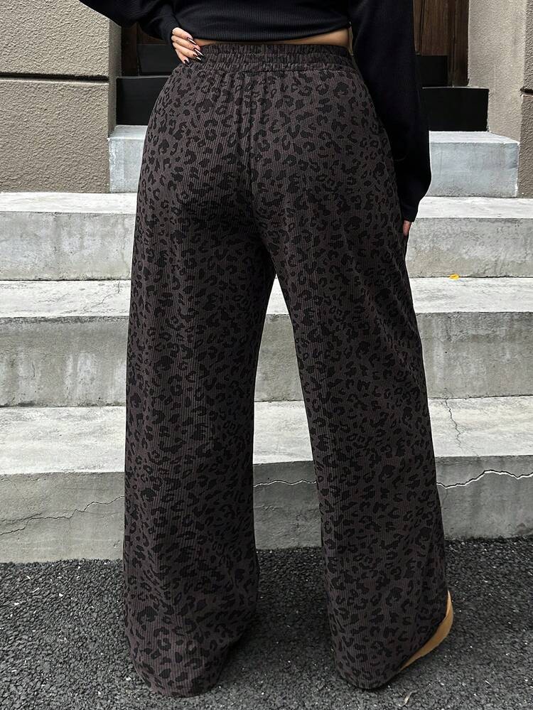 Dazy Plus Plus Size Women Elastic Waist Loose Leopard Print Straight Leg Long Corduroy Pants