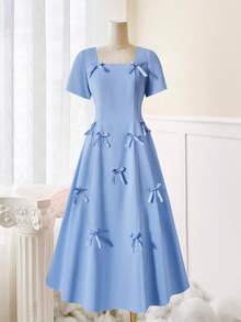 SHEIN Teen Girl Square Neck Regular Shoulder Bow Decor Long Hem Dress, Suitable For Party Or Everyday Wear, Spring/Summer/Autumn - Blue - View 9